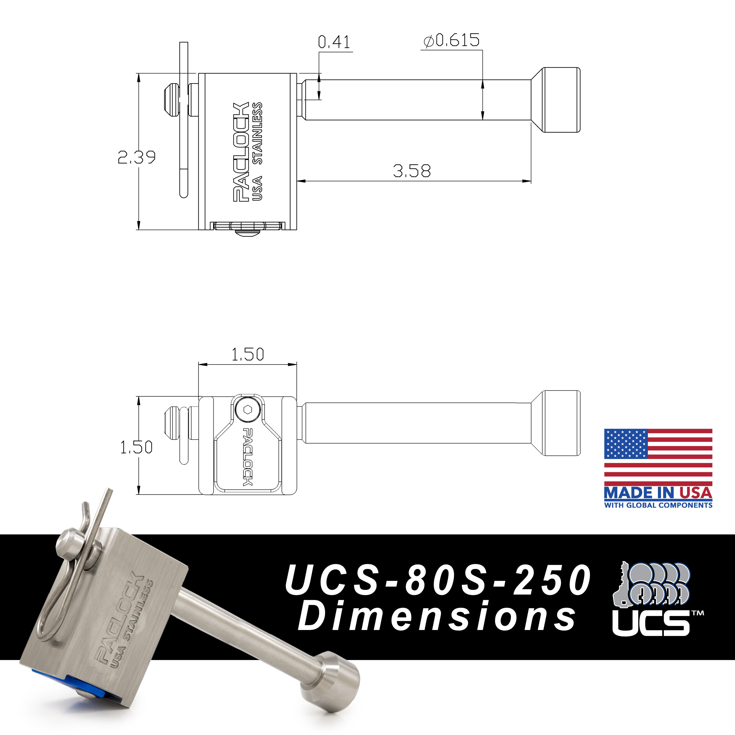 Locking Hitch Pin, Stainless Steel, for 2″, 2.5″, 3″ Receivers