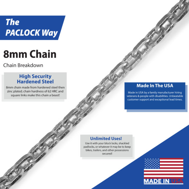 8mm, Made in the USA, Nickel-Plated, Hardened Steel, Square Chain - PACLOCK